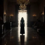 Silhouette of a woman standing before a Fairmont Hotel door with dimly lit hallway and ornate chandeliers glowing.