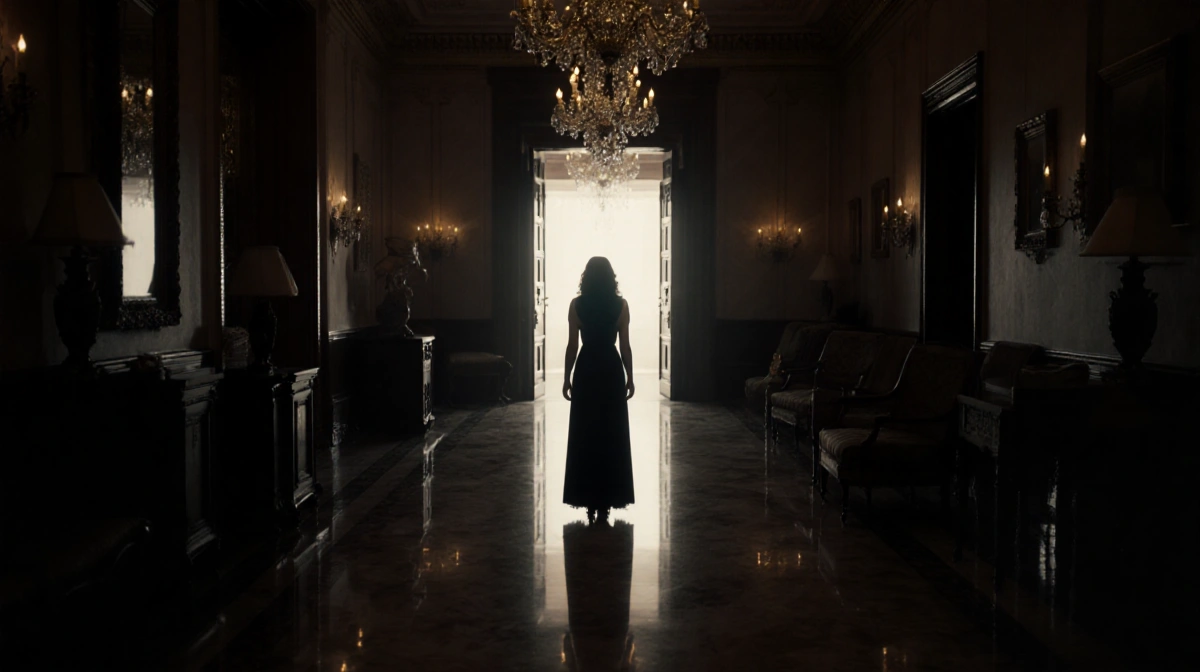 Silhouette of a woman standing before a Fairmont Hotel door with dimly lit hallway and ornate chandeliers glowing.