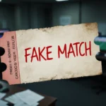 Worn football ticket stub showing fake match scrawled in red ink with dim police station background