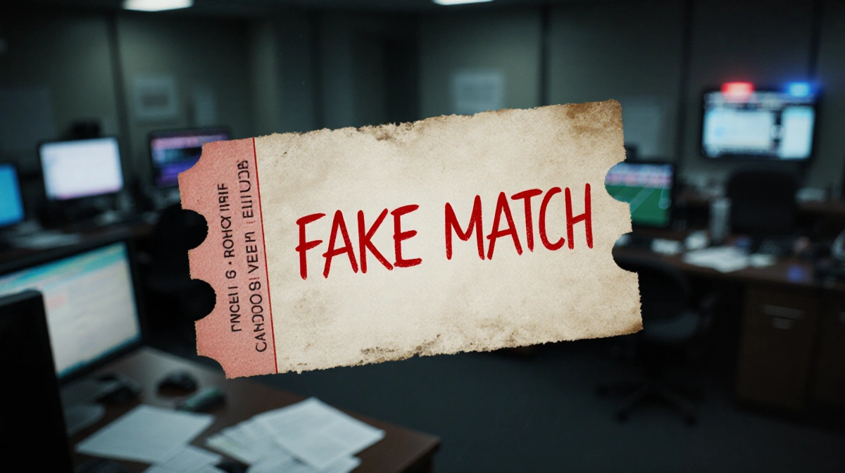 Worn football ticket stub showing fake match scrawled in red ink with dim police station background