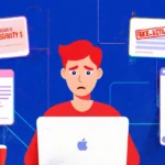 Person looks frustrated at phone with fake weight loss ads and warning signs glowing on screen