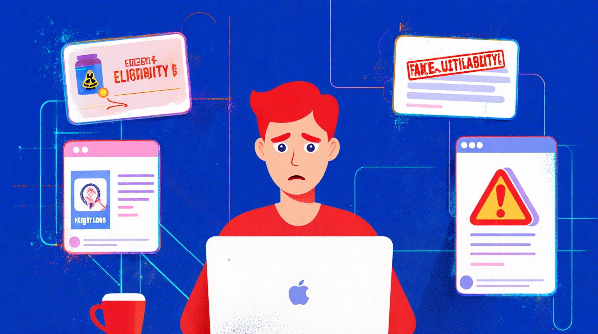 Person looks frustrated at phone with fake weight loss ads and warning signs glowing on screen