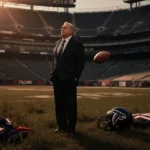 Arthur Blank standing alone in empty Falcons stadium with overgrown field and a distant football flying away