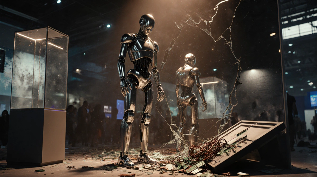 Fallen humanoid robot lies with flailing arms and shattered display case reflecting in broken mirror