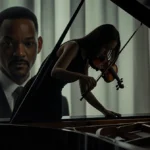 Young violinist falling with violin toward floor and piano with Will Smith