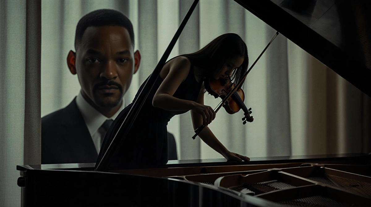 Young violinist falling with violin toward floor and piano with Will Smith