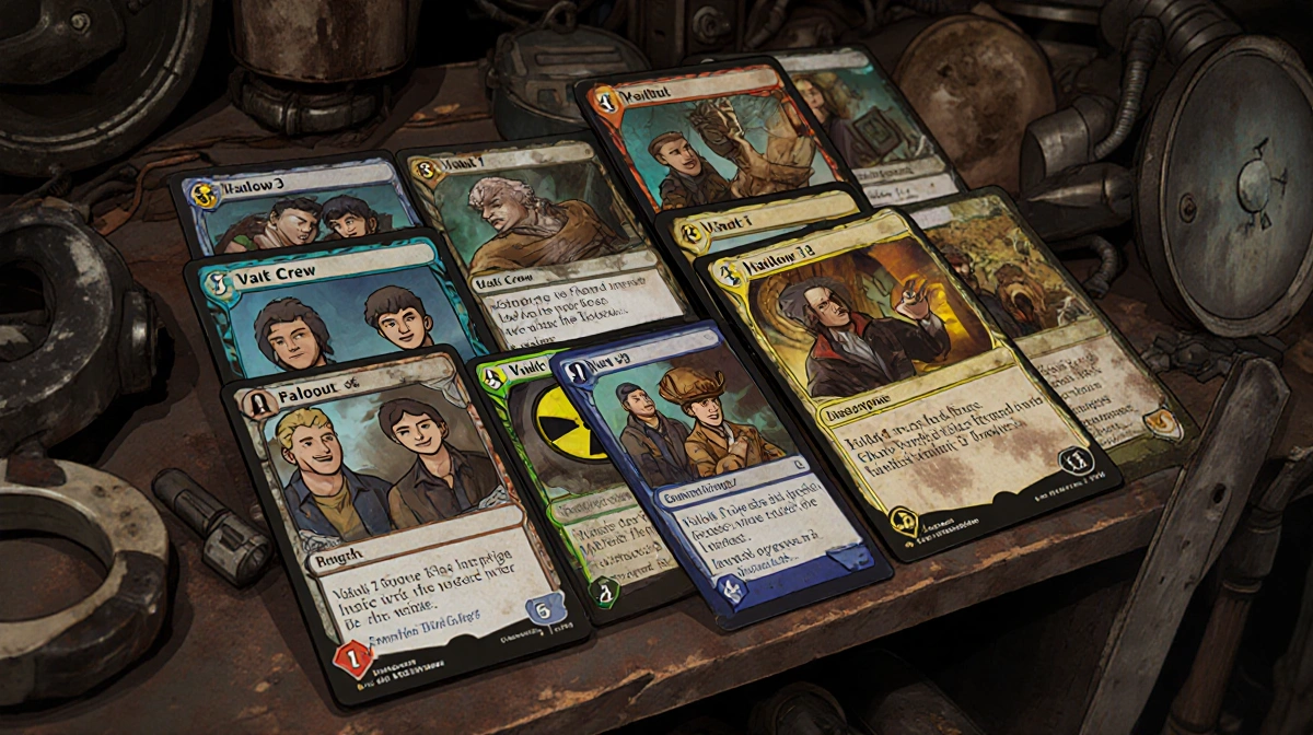 Fallout trading cards sit beside Magic cards with radiation symbols and worn textures on cluttered desk