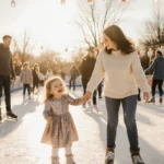 Girl ice skating with her mother on a festive Texas rink surrounded by twinkling lights
