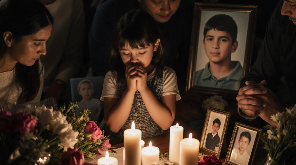 Six-year-old girl holds her hands together with candles and flowers surrounding her while scattered family items lie nearby.