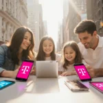 Family laughing while using smartphones with T‑Mobile and Verizon logos against a bustling city backdrop