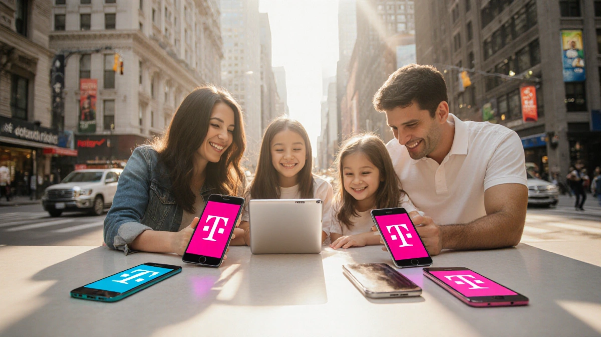Family laughing while using smartphones with T‑Mobile and Verizon logos against a bustling city backdrop