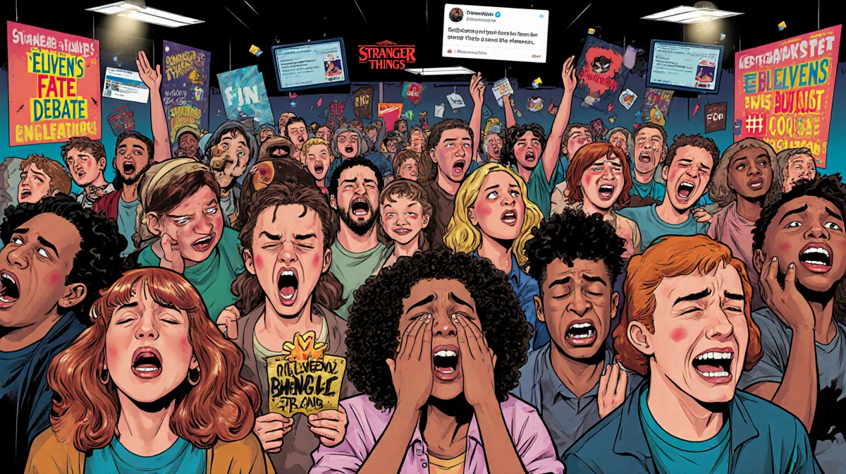 Fans reacting emotionally after the Stranger Things finale with colorful posters and social media screens in a crowded room