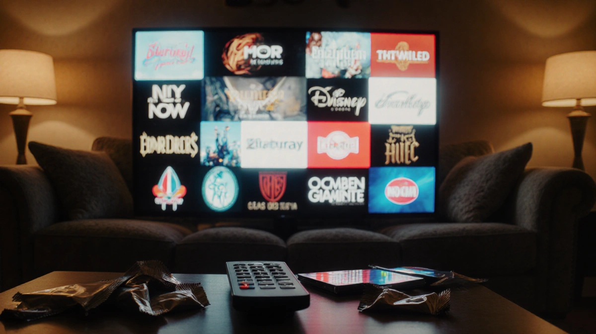 TV screen shows fantasy show logos with remote control and snack packets on coffee table in a cozy binge-friendly living room