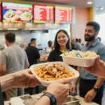 Waiter handing a smaller portion of pasta with protein grilled chicken to customer with fitness tracker in a fast‑food eatery