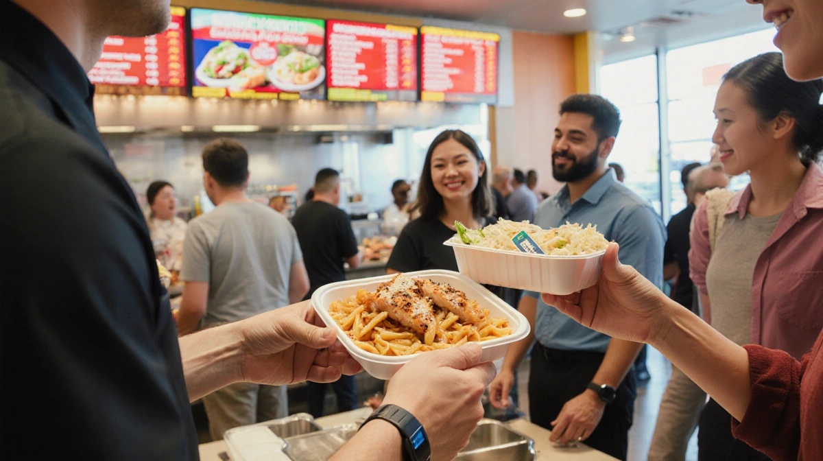 Waiter handing a smaller portion of pasta with protein grilled chicken to customer with fitness tracker in a fast‑food eatery