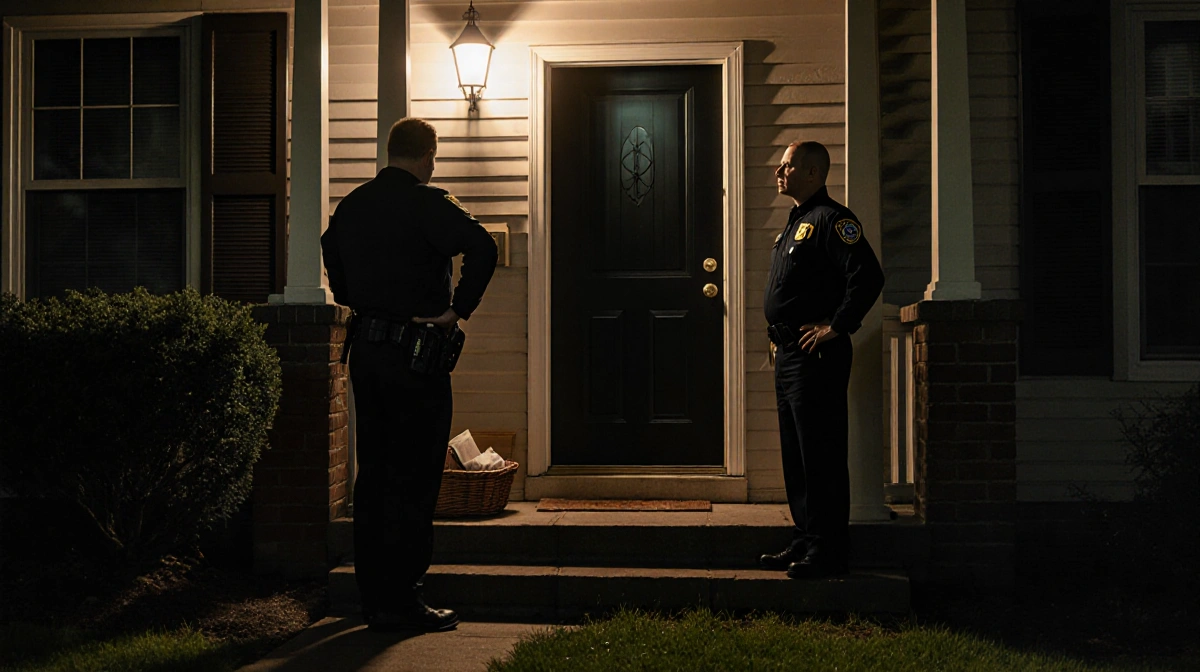 FBI agents stand at reporter's front door with package on porch step showing leak investigation