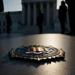FBI badge lies on courthouse steps with fading dusk light casting long shadows and distant silhouettes creating tension