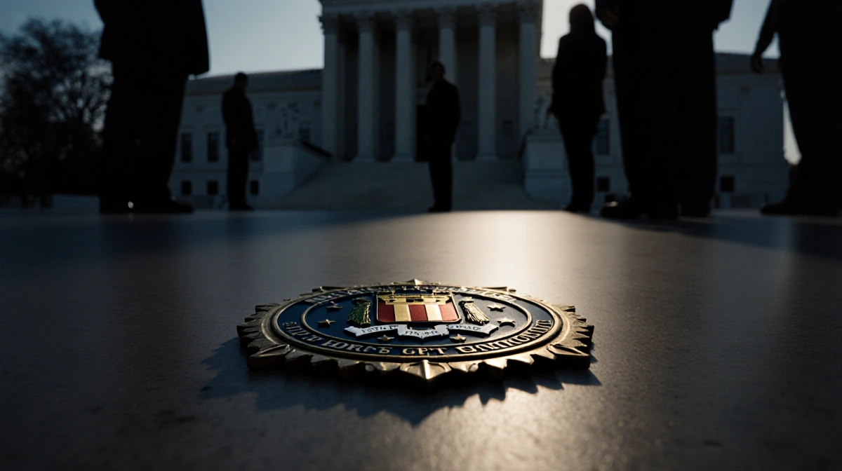 FBI badge lies on courthouse steps with fading dusk light casting long shadows and distant silhouettes creating tension