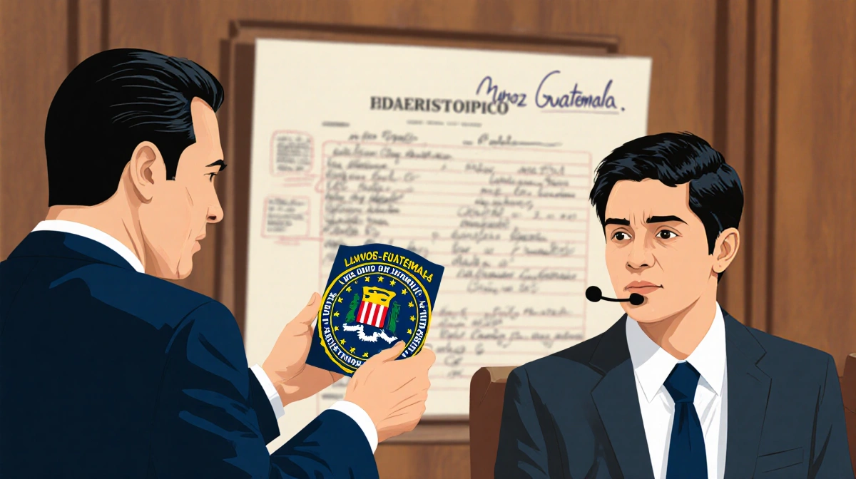 FBI agent holding bilingual badge for Muñoz-Guatemala with courtroom translator earpiece showing legal proceedings