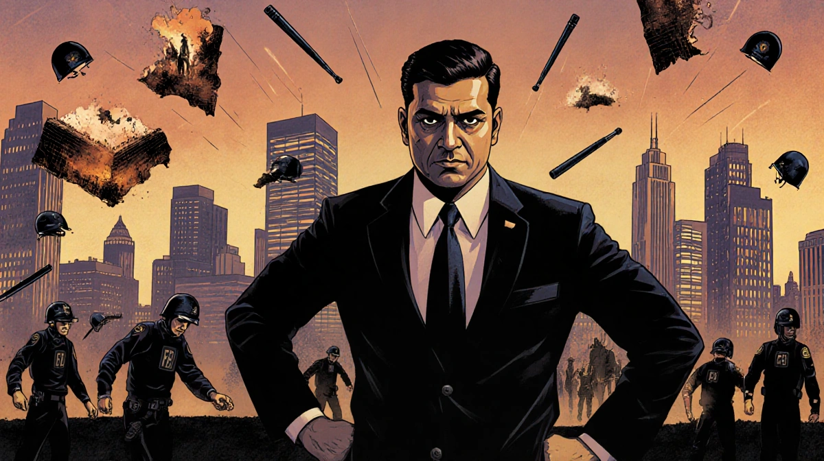 FBI Director Kash Patel stands with stern expression against Minneapolis skyline with riot police and protest gear visible