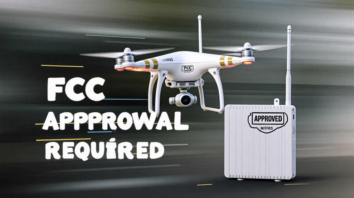 Drone hovers above radio transmitter with FCC approval sticker and motion lines showing radio frequency transmission