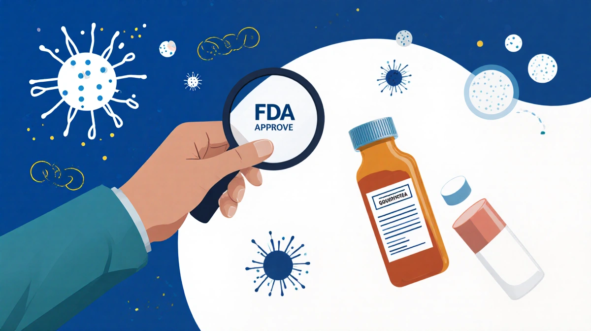 Doctor holding FDA-approved gonorrhea pills with magnifying glass showing bacteria and resistance symbols