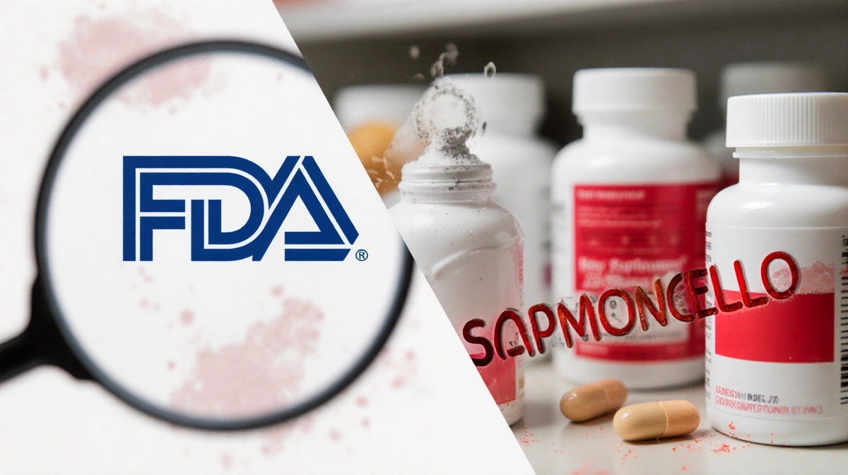 FDA logo appears beside recalled supplements with red highlights showing salmonella contamination