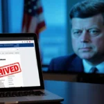 Government official reviewing FDA website with archived stamp warning on laptop screen and Kennedy silhouette visible through