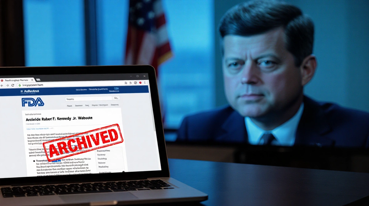 Government official reviewing FDA website with archived stamp warning on laptop screen and Kennedy silhouette visible through