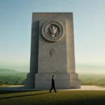 Fed official walking away from stone monument with US seal showing independence