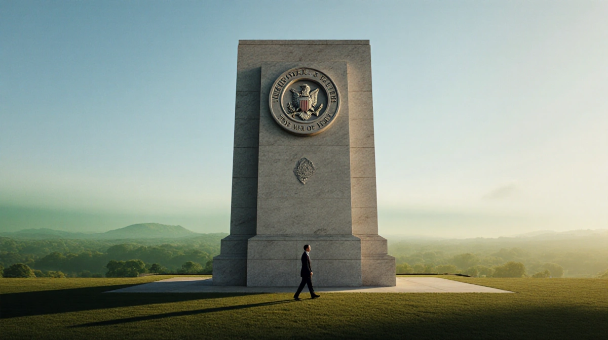 Fed official walking away from stone monument with US seal showing independence