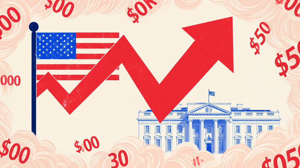 Red downward arrow on monetary policy chart with swirling double-digit inflation clouds and White House outline