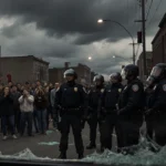 Federal agents in riot gear stand with Minnesota police as worried civilians watch near shattered storefront with storm cloud