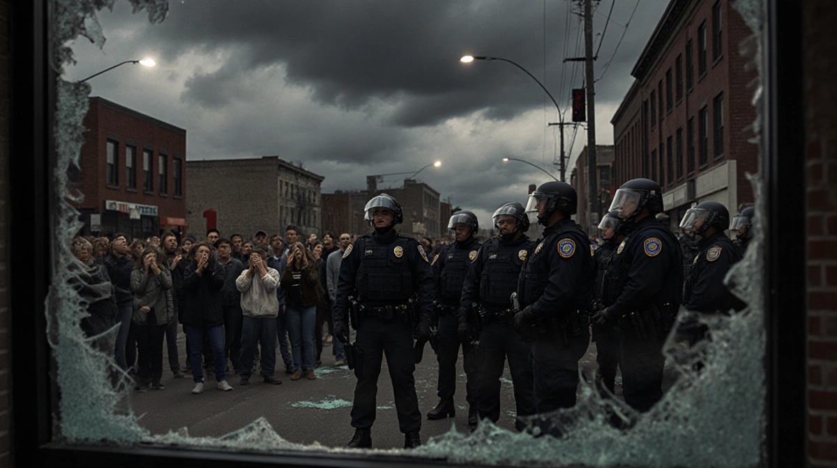 Federal agents in riot gear stand with Minnesota police as worried civilians watch near shattered storefront with storm cloud