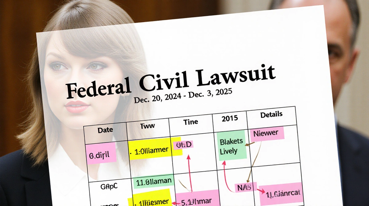 Federal civil lawsuit document shows timeline table with dates and events highlighted in colors with Taylor Swift's faint ima