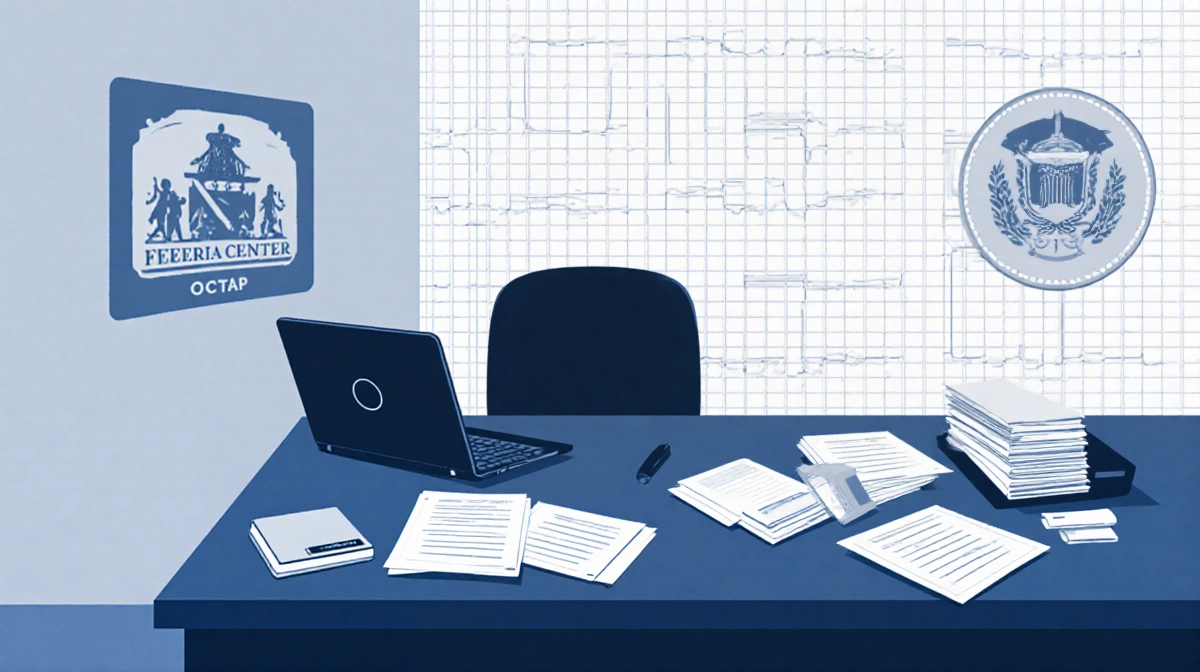 Federal office desk arranged with papers and files and a laptop against a blue grid backdrop and a faint child care logo