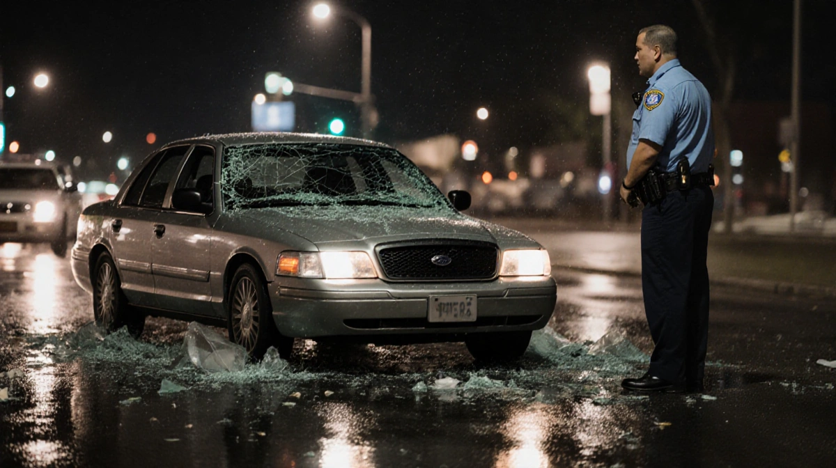 A plainclothes federal immigration officer stands near a bullet-damaged car with shattered glass and broken windshield on wet