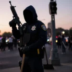 Federal officer aiming rifle with shovel and broom handle in foreground and Minneapolis street scene behind