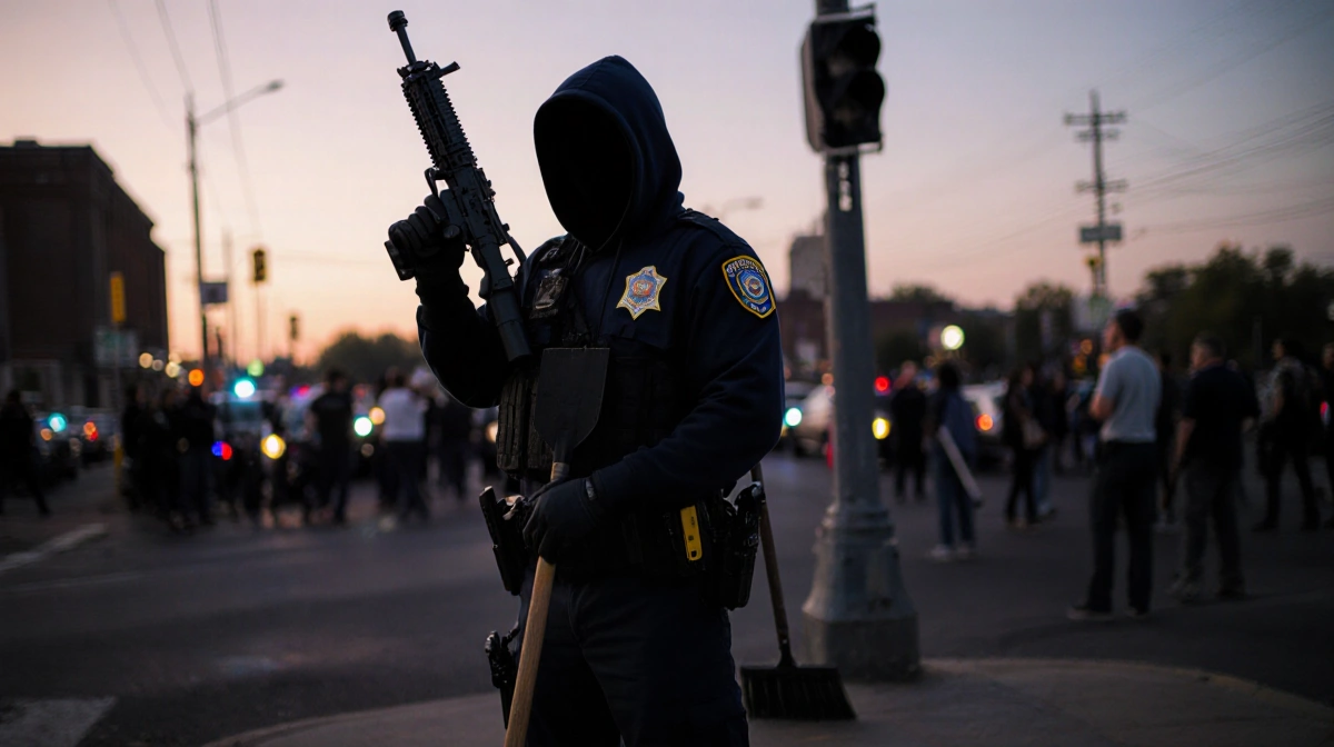 Federal officer aiming rifle with shovel and broom handle in foreground and Minneapolis street scene behind