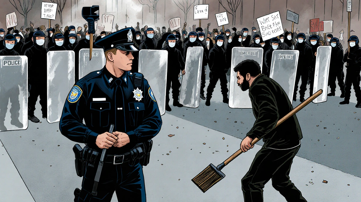 Federal officer faces protester wielding shovel and broom handle with riot shields and news crews behind