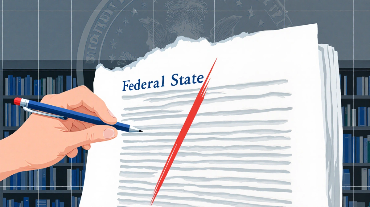 Person holding red pen striking through blurred federal statute with torn guidelines pattern showing in background