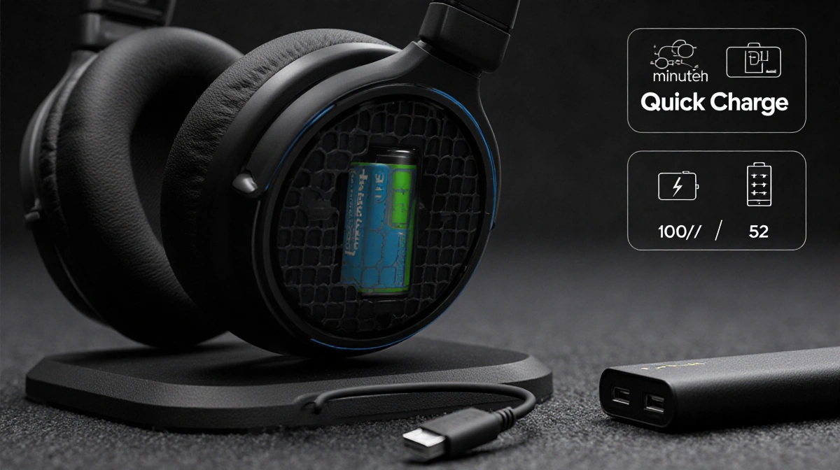 Fender Mix headphones showing replaceable battery with grid and cable next to power bank indicating 100/52 hours