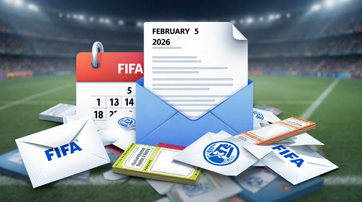 Email inbox overflowing with scattered tickets and envelopes with FIFA-branded envelopes neatly arranged in front and blurred