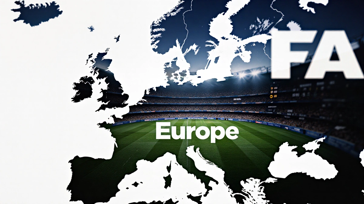 European map showing football stadium silhouette with subtle betting advertisement overlay and muted colors