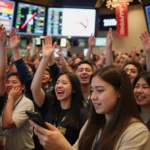 Young woman checking phone in shock with FIFA World Cup ticket office showing selected and not selected results on screens