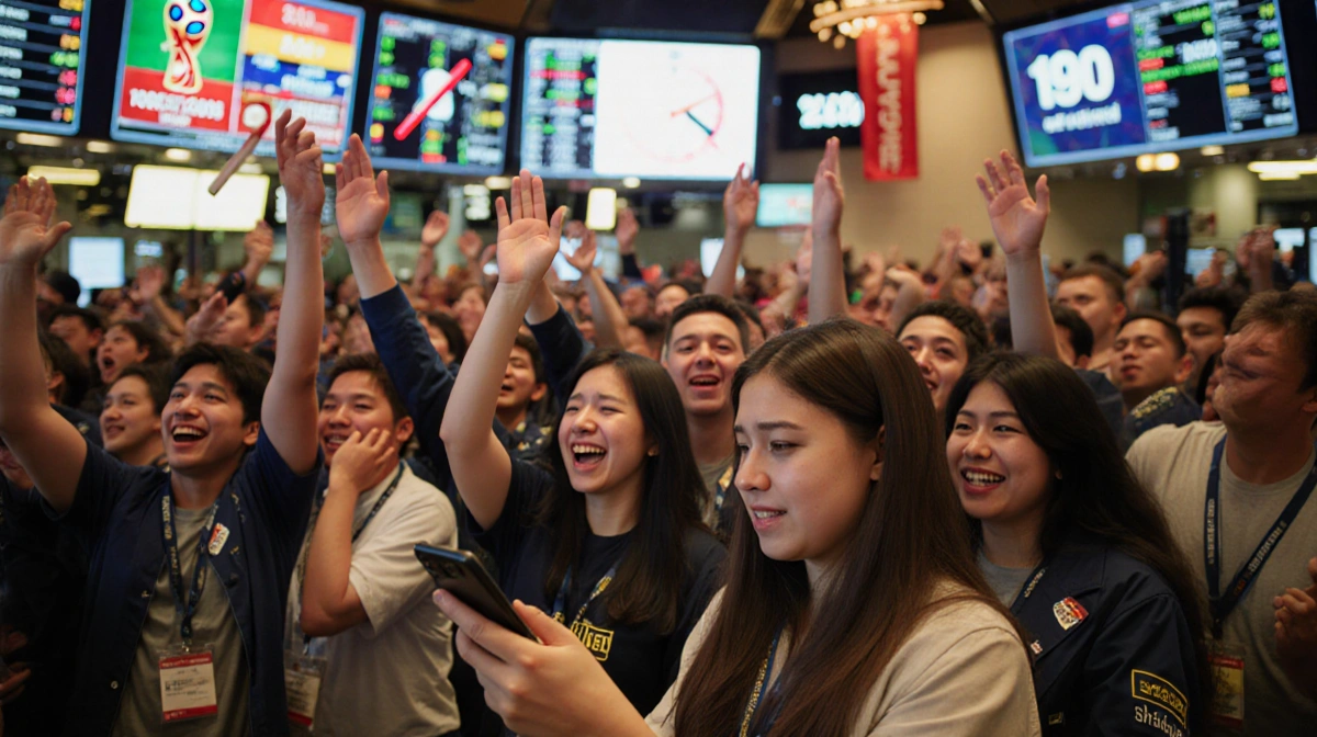 Young woman checking phone in shock with FIFA World Cup ticket office showing selected and not selected results on screens