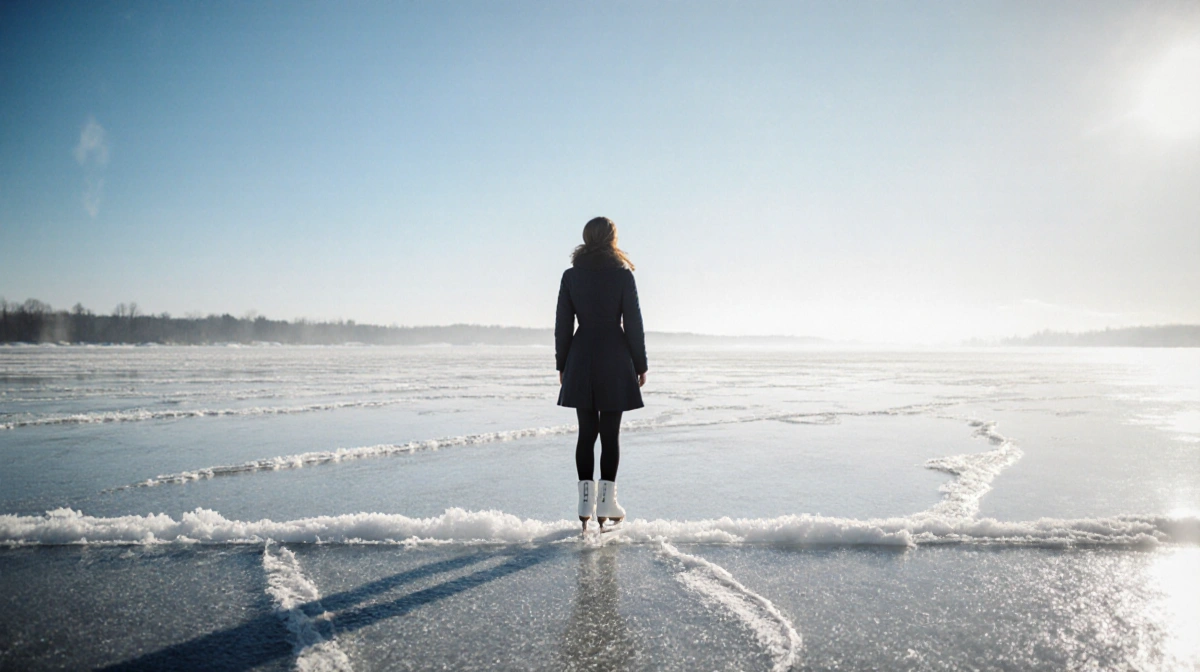 Figure skater standing at frozen lake edge with blades etched into ice and gradient sky transitioning to deep indigo