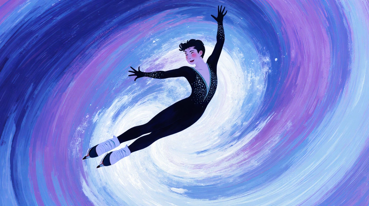 Figure skater landing triple axel jump with swirling blue and purple background showing artistic motion
