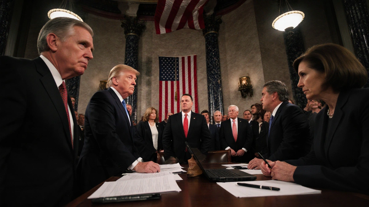Lawmakers debating the funding bill with papers and laptops at desks and the flag above in dim light in the Capitol