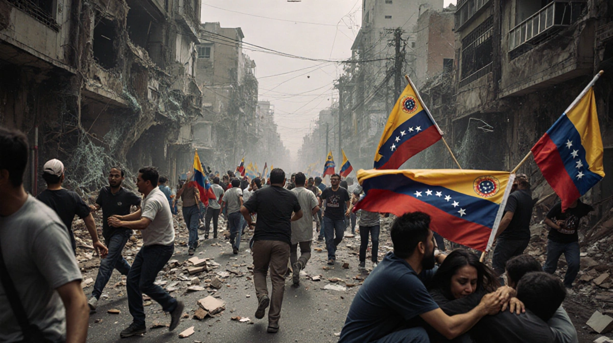 Pedestrians running in panic in Caracas with Maduro supporters holding flags amid shattered buildings